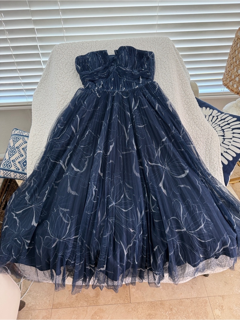 Hutch Anthropologie Strapless Navy Marble-Print Pleated Midi Dress - Picture 7 of 8